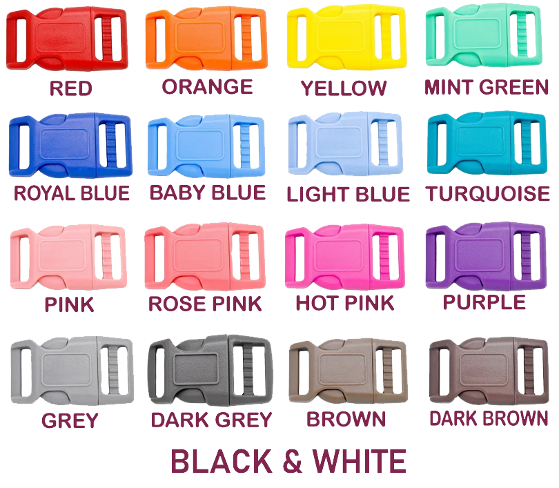 A selection of plastic buckles. They display each buckle in this order: red, orange, yellow, mint green, royal blue, baby blue, light blue, turquoise, pink, rose pink, hot pink, purple, grey, dark grey, brown, dark brown, black, white.